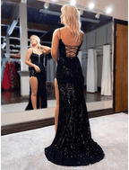 Vestidos de fiesta de sirena/trompeta, brillantes y con brillo, formales, con cola larga/cepillo, sin mangas, tirantes finos, lentejuelas, espalda descubierta y cuentas, abertura con lentejuelas