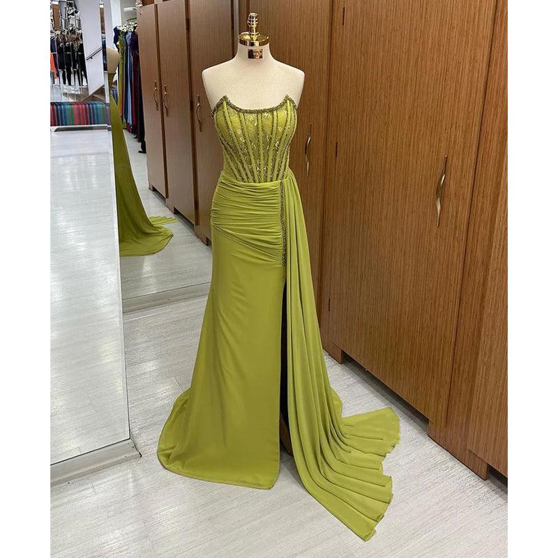 Etui-Linie/Säule, trägerlos, Perlen, lang, formelles Abendkleid mit Schlitz 