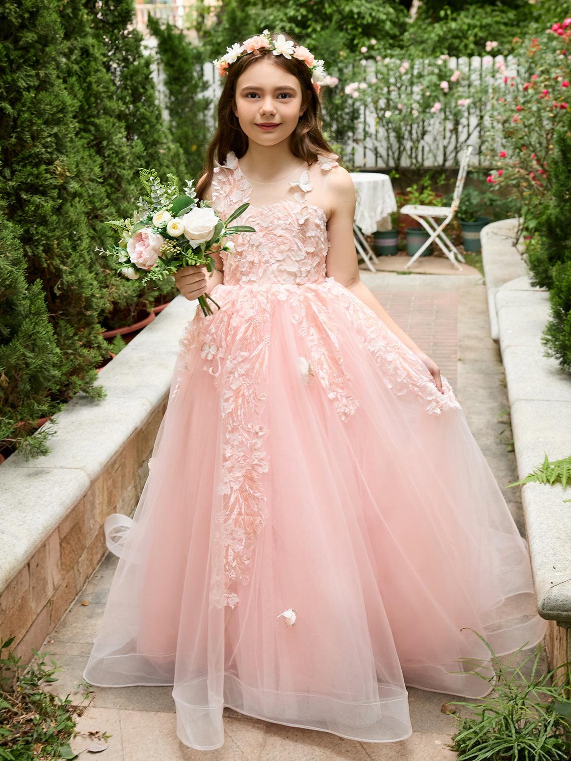 Vestido de princesa rosa para niña con apliques de encaje 