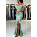 Sheath/column Off Shoulder Sequins Fethers Long Prom Formal Dress with Slit