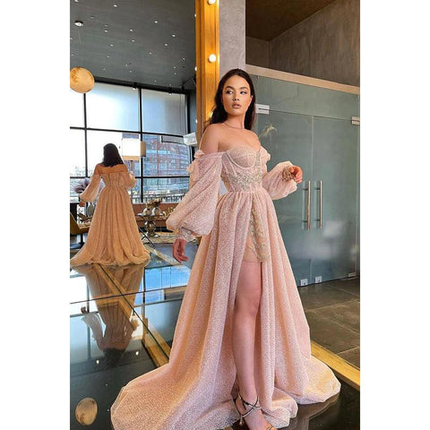 Sweetheart Off-Shoulder Long Sleeves A-Line Prom Gown With Slit