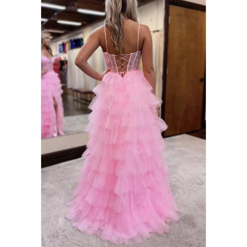 Vestido de noche de fiesta con escote en forma de A, tirantes finos, apliques y abertura lateral de tul 