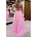 Vestido de noche de fiesta con escote en forma de A, tirantes finos, apliques y abertura lateral de tul 