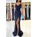 Spaghetti Straps V-neck Side Slit Mermaid Long Prom Formal Dress