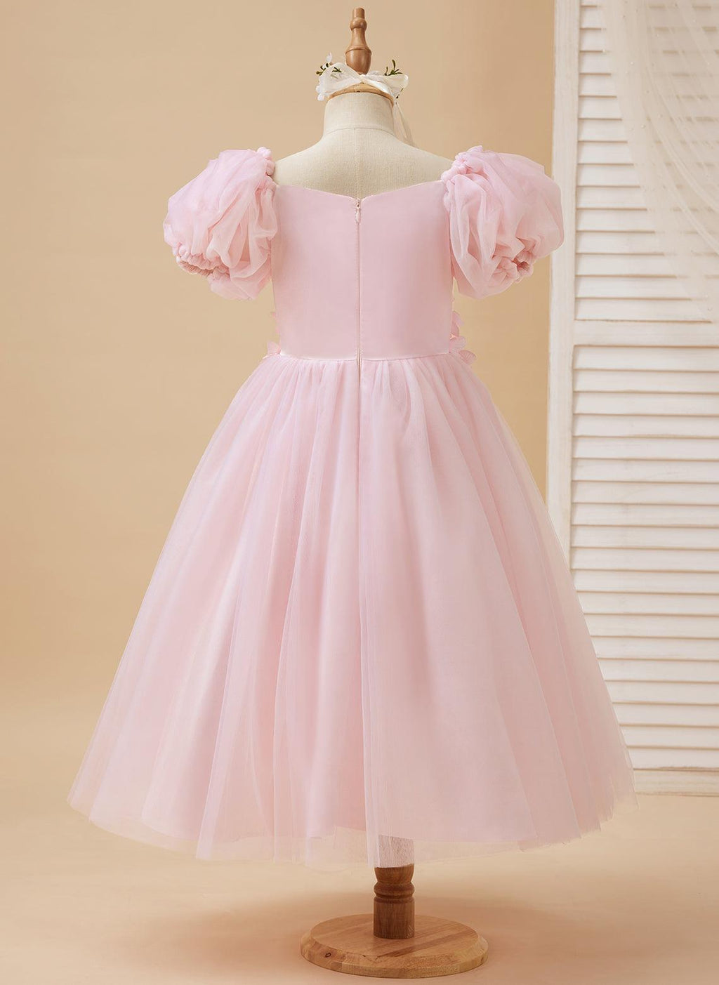 Vestido de tul para niña de las flores, largo hasta la rodilla, con mangas abullonadas y hombros descubiertos, apliques florales 3D 