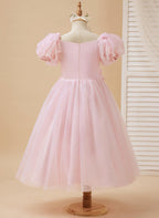 Vestido de tul para niña de las flores, largo hasta la rodilla, con mangas abullonadas y hombros descubiertos, apliques florales 3D 