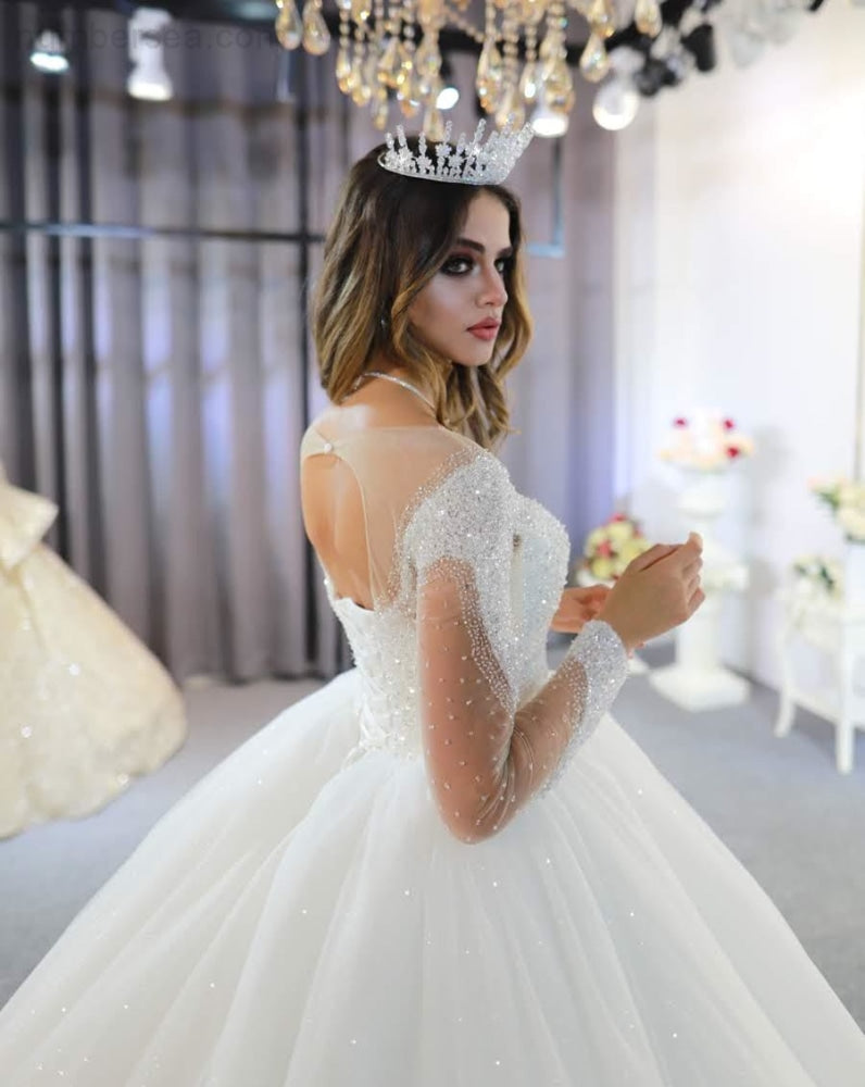 NB3752 Robe De Mariee Full Beading Long Seeves Wedding Dress Puffy Ball Gown 2022 - numbersea