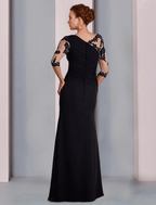 Etui-Linie/Säulenkleid für die Brautmutter, formelles, elegantes Rundhalskleid, bodenlange Chiffonspitze, 3/4-Ärmel mit Perlenapplikationen