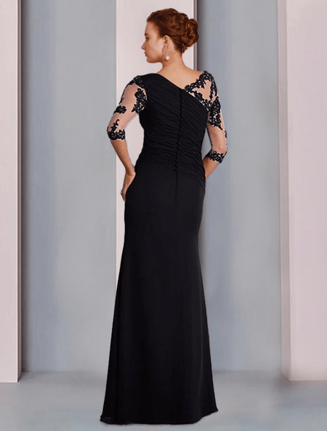 Etui-Linie/Säulenkleid für die Brautmutter, formelles, elegantes Rundhalskleid, bodenlange Chiffonspitze, 3/4-Ärmel mit Perlenapplikationen