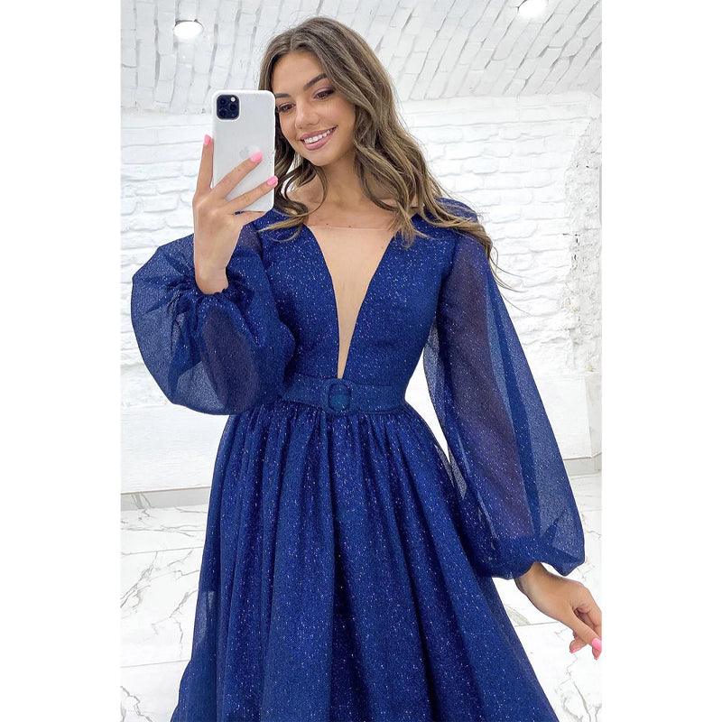 Vestido de fiesta brillante de corte A con mangas largas y escote en V pronunciado