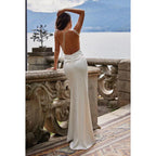 Spaghetti Straps Pearl Ruched Sheath Long Prom Formal Gown