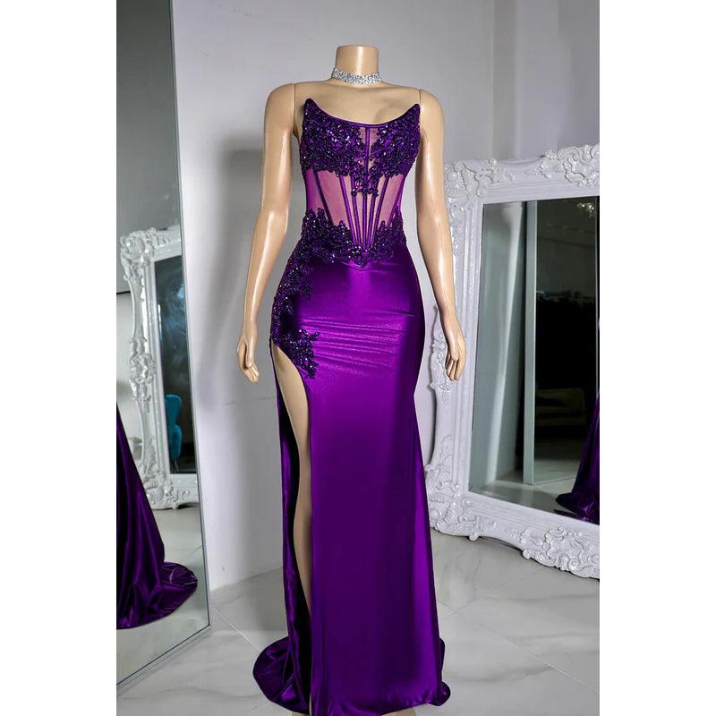 Elegante y lujoso vestido de noche de fiesta con escote redondo, sin mangas, abertura lateral y encaje