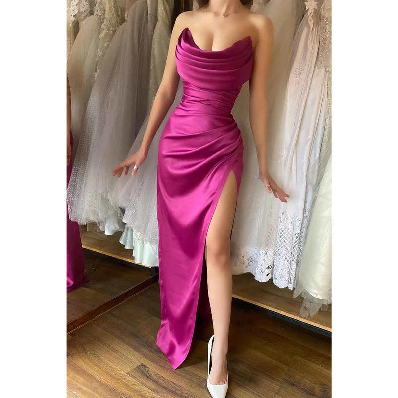 Vestido de fiesta formal largo con pliegues de satén sin tirantes único con abertura 