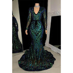 Sexy V-neck Sequins Appliques Mermaid Prom Dress Black Girl for Slay