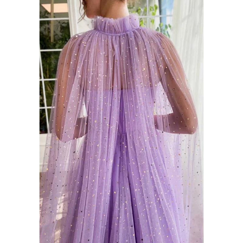 Vestido de fiesta largo de tul con escote en forma de A y tirantes finos con chal