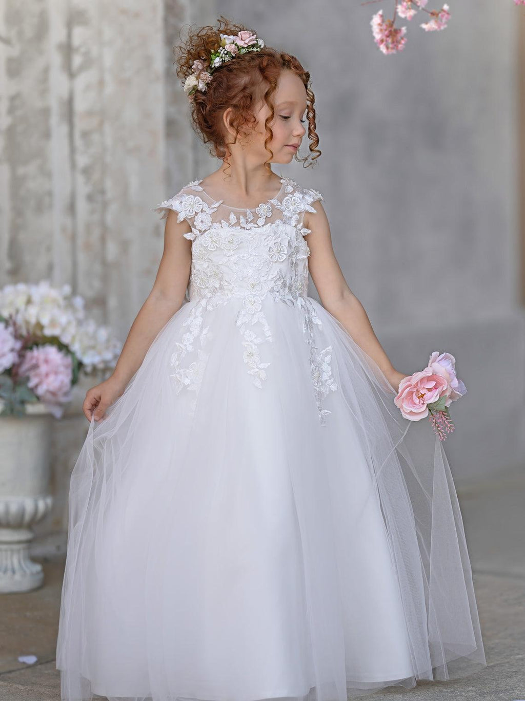 Vestido de princesa color marfil con apliques de encaje y lazo de tul | Vestido de niña de las flores de tul con mangas cortas y largo hasta los tobillos 