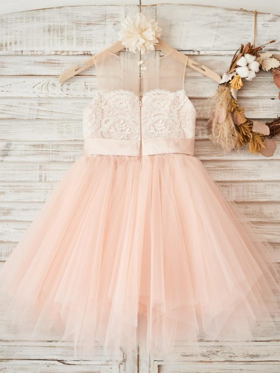 Vestido rosa de tul con encaje hasta la rodilla (2003227698) 