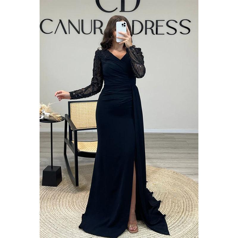 Vestido de fiesta largo con escote en V, pliegues y cuentas, ilusión, brillante, vestido formal 