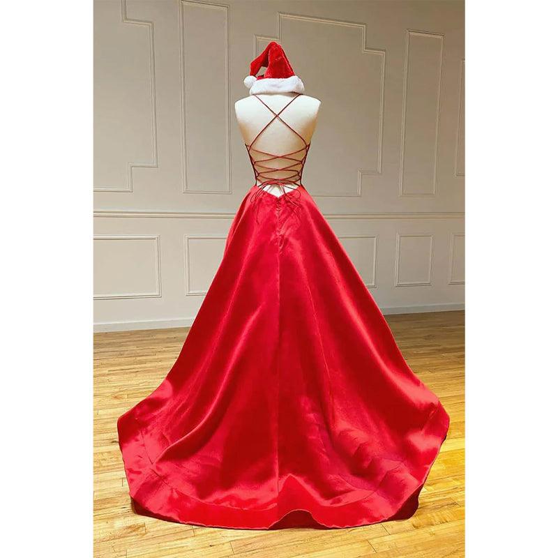 Rotes, schlichtes Ballkleid aus Satin mit V-Ausschnitt, Spaghettiträgern und Taschen 