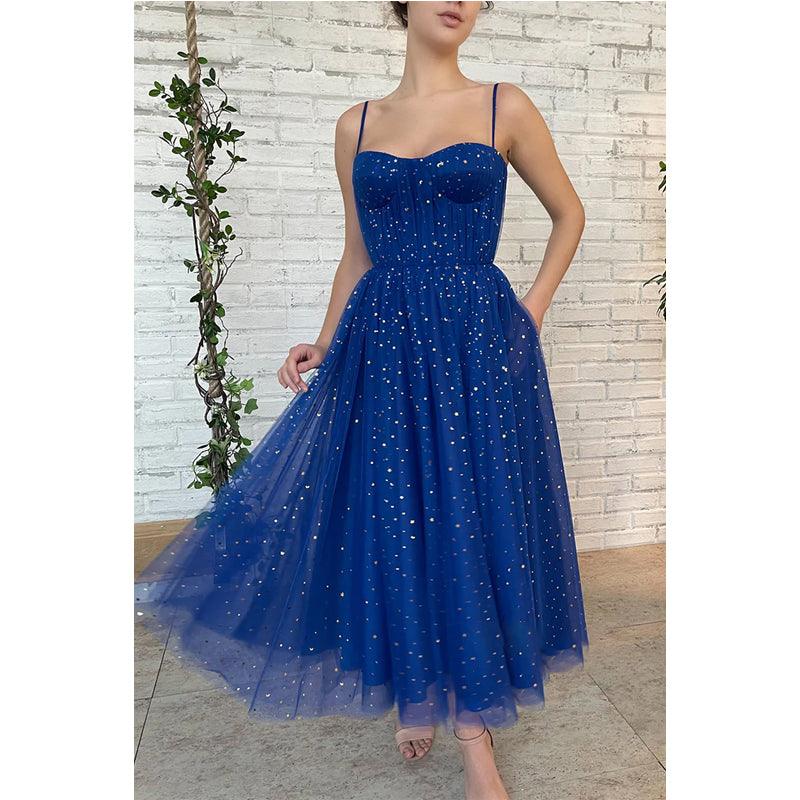 Vestido de fiesta de tul brillante con tirantes finos y estrellas, con bolsillos 