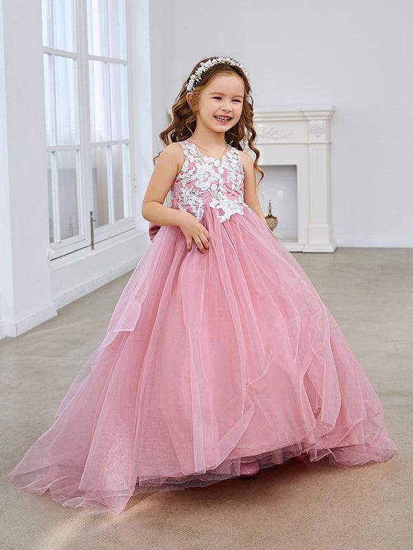 Vestido de princesa sin mangas de tul para niña de las flores con encaje y lazo rosa (010224320) 