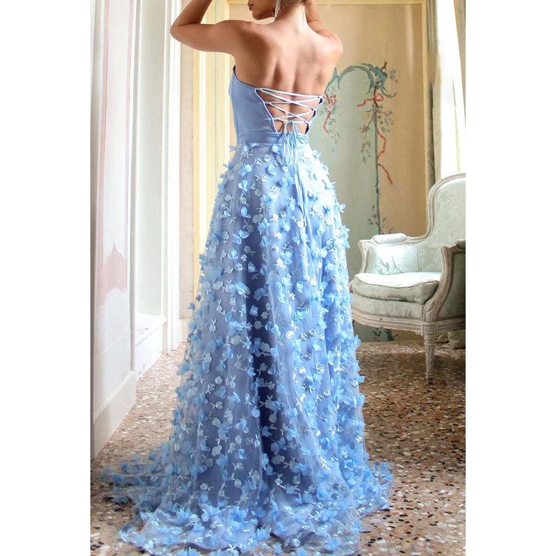 Vestido de fiesta largo de tul con apliques, sin tirantes y cordones, corte A y abertura