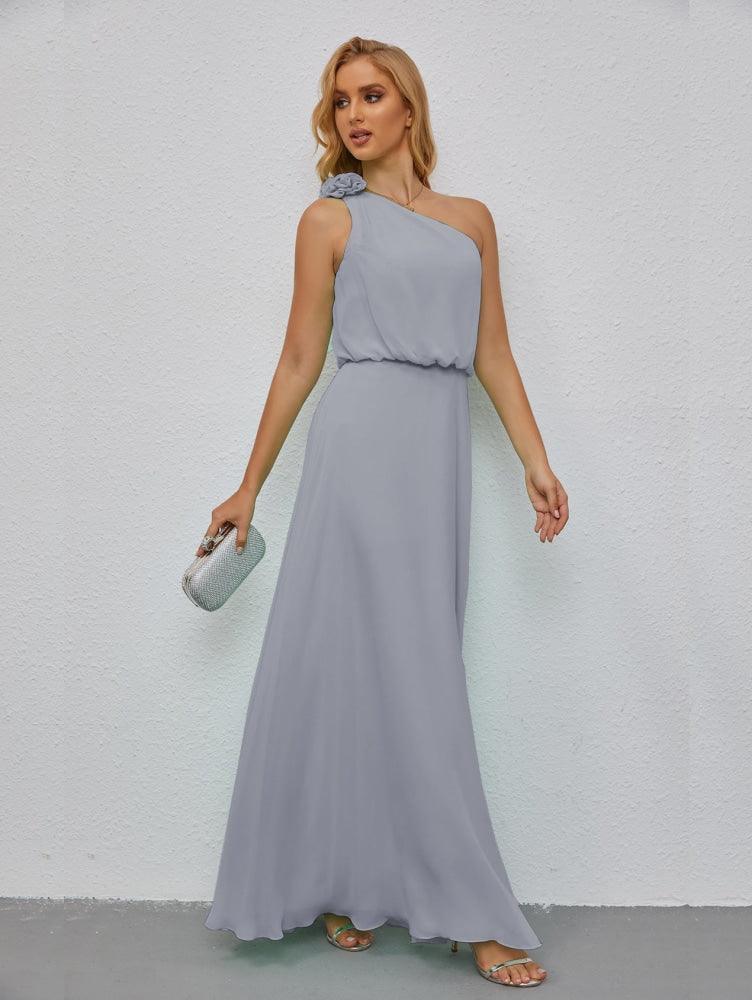 Ruffled One Shoulder Sleeveless Long Bridesmaid Dresses A-line Formal Evening Gown Side Split 28080-numbersea