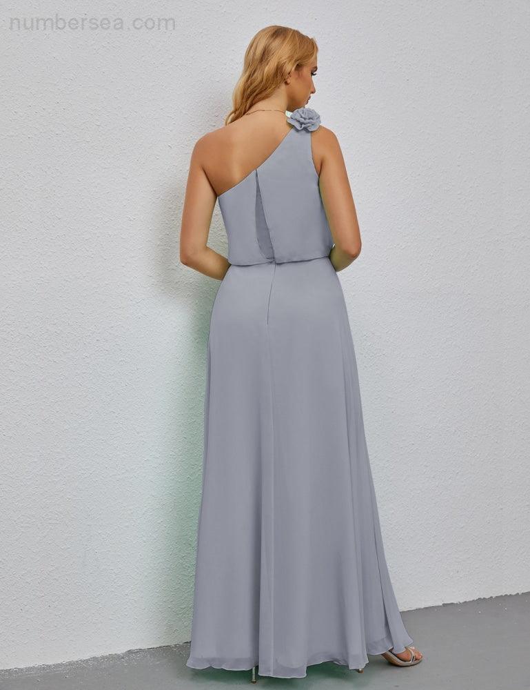 Ruffled One Shoulder Sleeveless Long Bridesmaid Dresses A-line Formal Evening Gown Side Split 28080-numbersea