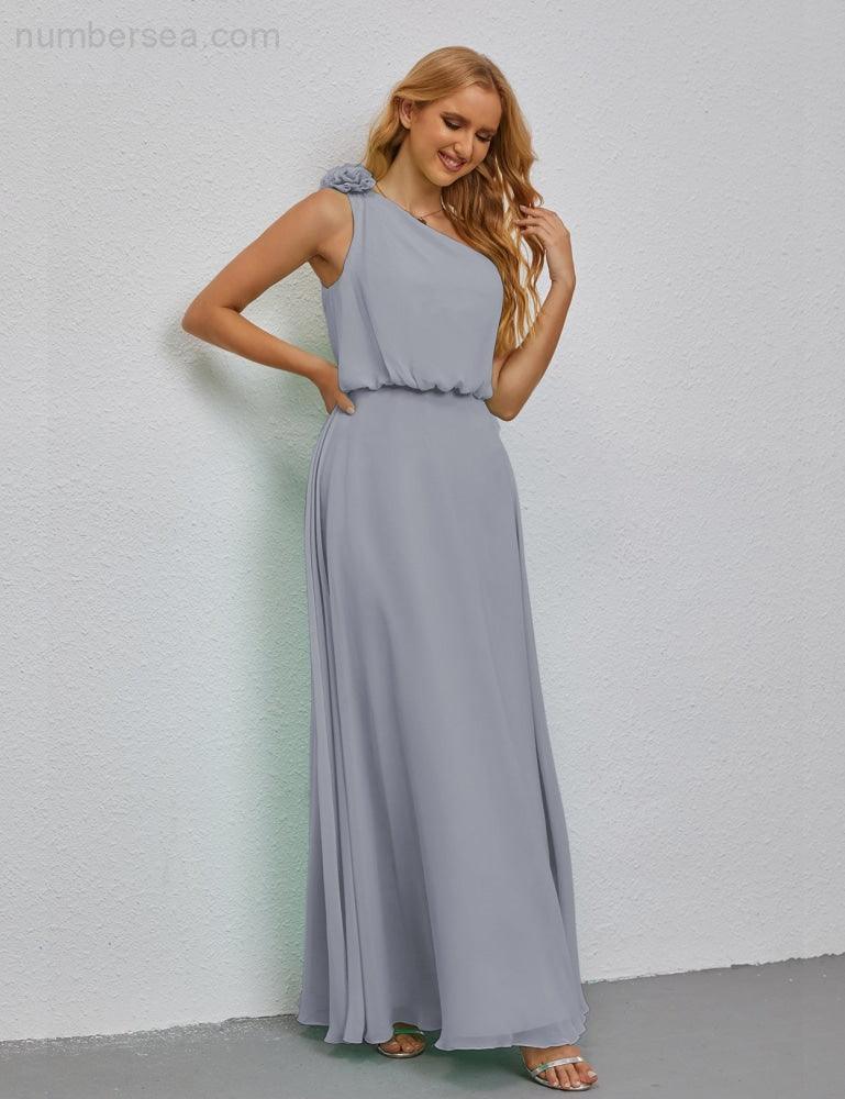 Ruffled One Shoulder Sleeveless Long Bridesmaid Dresses A-line Formal Evening Gown Side Split 28080-numbersea