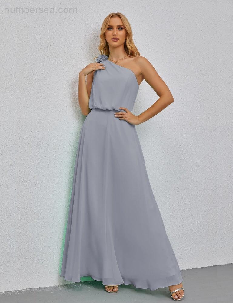 Ruffled One Shoulder Sleeveless Long Bridesmaid Dresses A-line Formal Evening Gown Side Split 28080-numbersea
