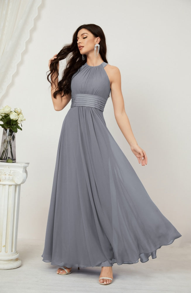 Numbersea Formal Party Gown Dress Chiffon Halter Long Sleeveless Bridesmaid Dresses 2802 Dusty