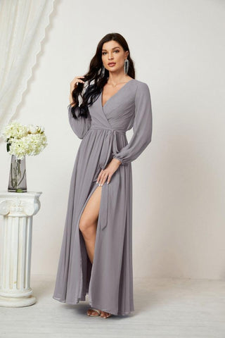 Numbersea Evening Dresses Deep V-Neck Chiffon Bridesmaid Dresses Long Bishop Sleeve Side Split Formal Dress 2806-numbersea
