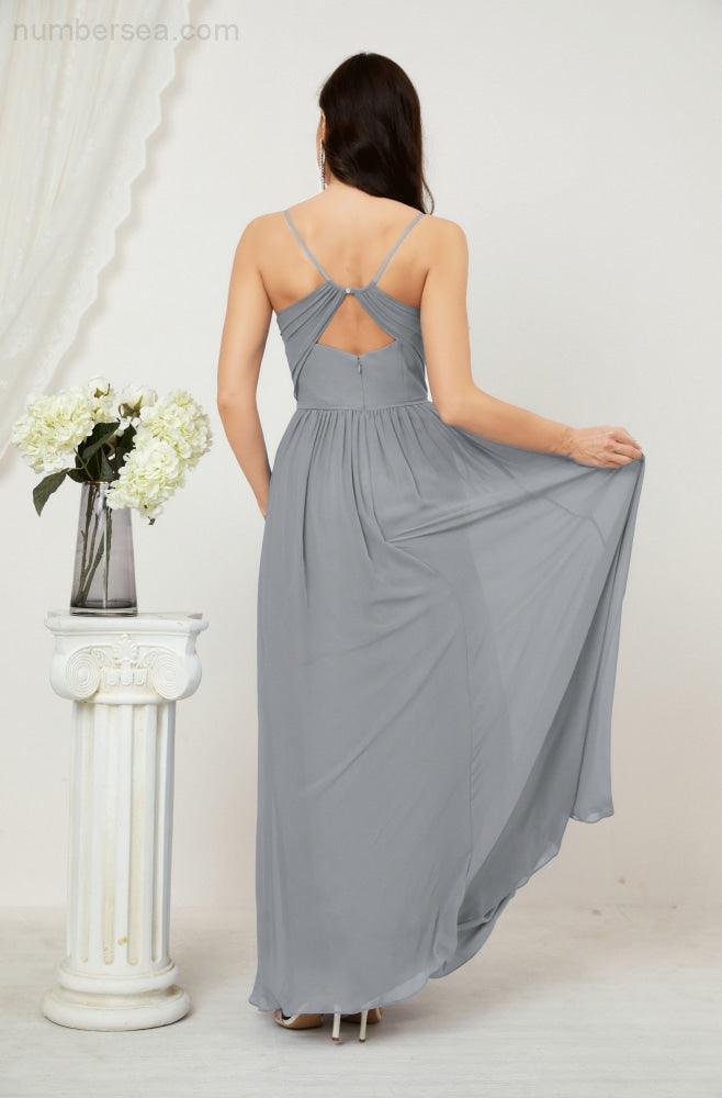 Numbersea Neck Bridesmaid Dresses Chiffon Long Spaghetti A-line Formal Prom Gown for Wedding Party Evening 2801-numbersea