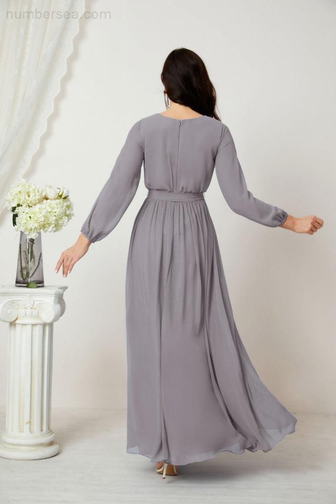 Numbersea Evening Dresses Deep V-Neck Chiffon Bridesmaid Dresses Long Bishop Sleeve Side Split Formal Dress 2806-numbersea