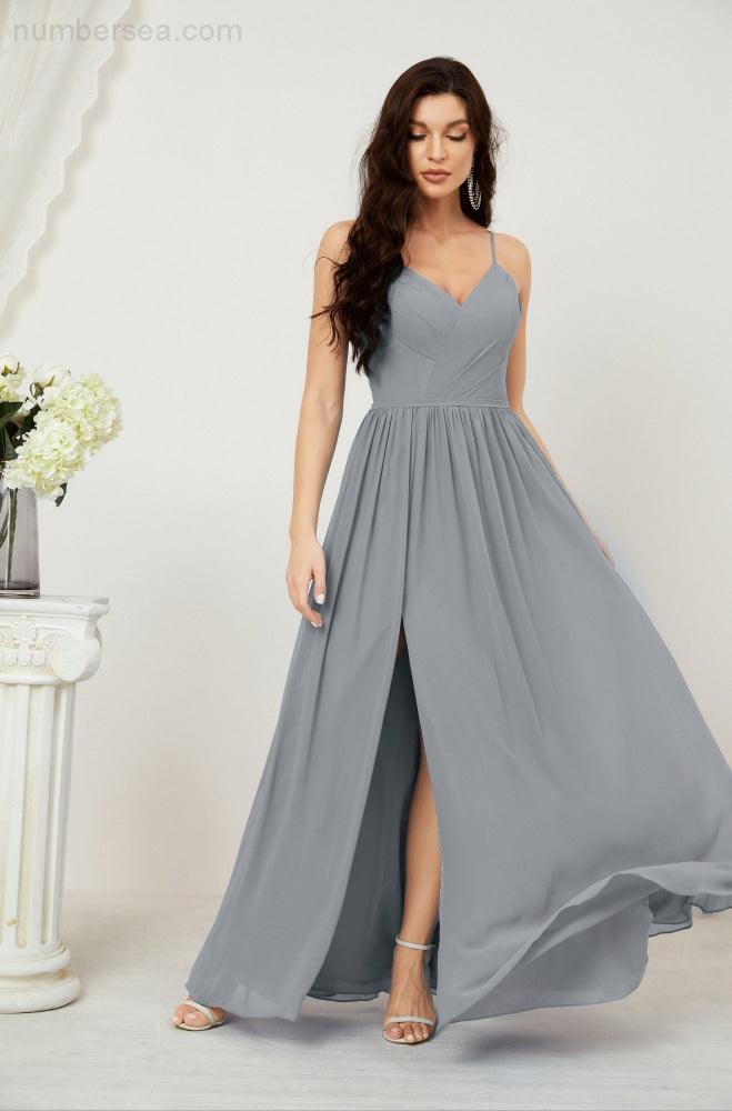 Numbersea Neck Bridesmaid Dresses Chiffon Long Spaghetti A-line Formal Prom Gown for Wedding Party Evening 2801-numbersea