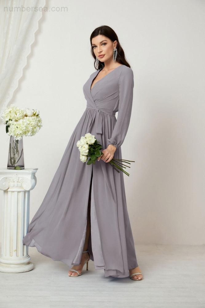 Numbersea Evening Dresses Deep V-Neck Chiffon Bridesmaid Dresses Long Bishop Sleeve Side Split Formal Dress 2806-numbersea