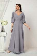 Numbersea Formal Prom Gown Women V-Neck Chiffon Bridesmaid Dresses Long Bishop Sleeve Party Dress 2807-numbersea