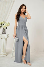 Numbersea Neck Bridesmaid Dresses Chiffon Long Spaghetti A-line Formal Prom Gown for Wedding Party Evening 2801-numbersea