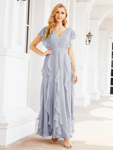 Ruffled Bridesmaid Dresses with Sleeves Long Formal Party Dress 28041-numbersea