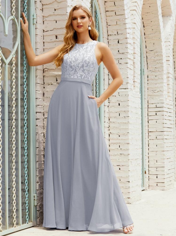 Lace Bridesmaid Dress Floor Length Evening Gowns with Pockets 28017-numbersea