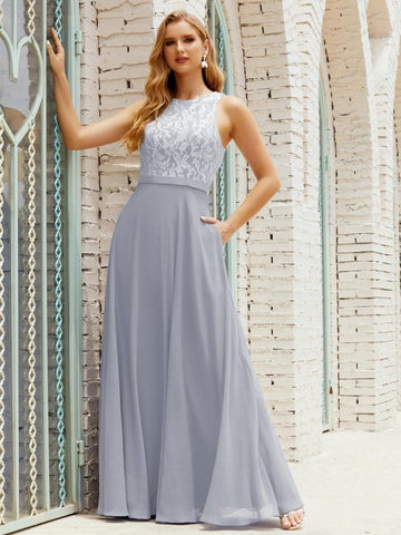 Lace Bridesmaid Dress Floor Length Evening Gowns with Pockets 28017-numbersea