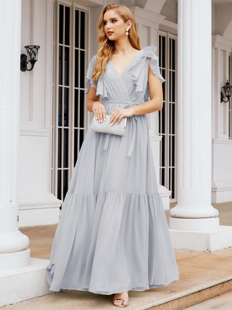 Numbersea Women's Open Back Formal Evening Party Prom Gowns V-Neck Long Chiffon Bridesmaid Dresses with Waist Belt 28038-numbersea