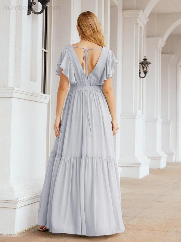Numbersea Women's Open Back Formal Evening Party Prom Gowns V-Neck Long Chiffon Bridesmaid Dresses with Waist Belt 28038-numbersea