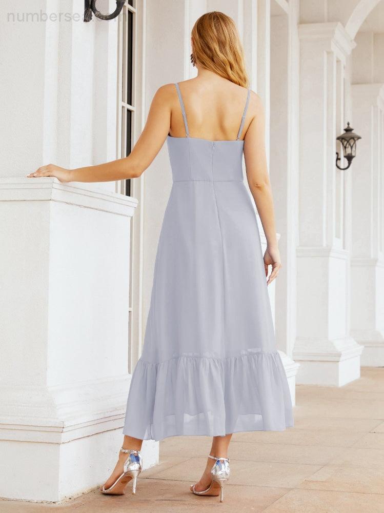 Numbersea Women Strap Chiffon Bridesmaid Dress Ankle Length Sleeveless Blackless Ruffle A Line