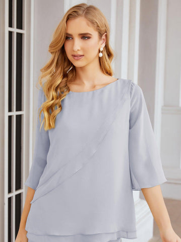 Numbersea Elegant 2 Piece Mother of The Bride Dress Plus Size Pant Suits Ruffle Layers Sliver Housecoat 28064