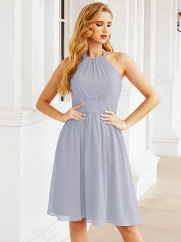 Numbersea Halter Chiffon Vestidos de dama de honor Cortos Sin mangas Vestido de fiesta formal Espalda abierta 28023 