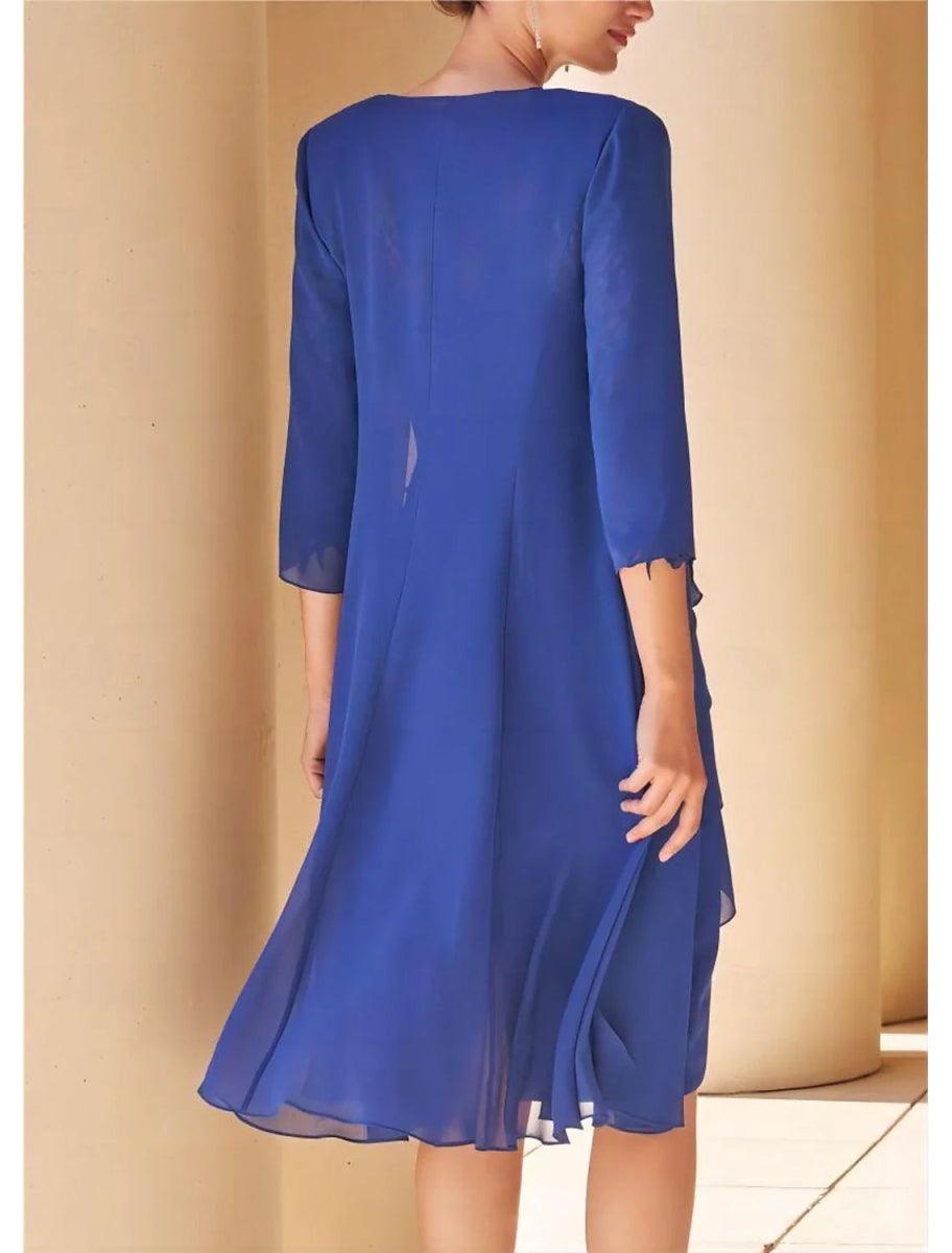 NumberSea - 3 Piece Formal Wedding Guest Elegant Vintage Jewel Neck Tea Length Chiffon Lace Short Sleeve Jacket Dresses with Lace Cascading Ruffles Mother of the Bride Dress