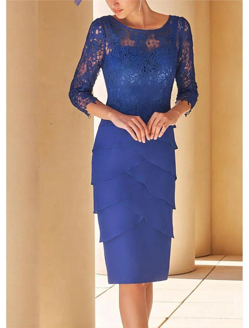 NumberSea - 3 Piece Formal Wedding Guest Elegant Vintage Jewel Neck Tea Length Chiffon Lace Short Sleeve Jacket Dresses with Lace Cascading Ruffles Mother of the Bride Dress