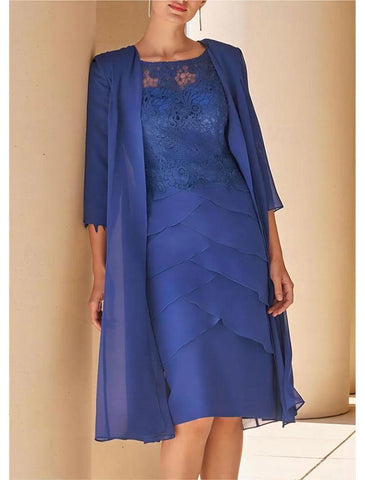 NumberSea - 3 Piece Formal Wedding Guest Elegant Vintage Jewel Neck Tea Length Chiffon Lace Short Sleeve Jacket Dresses with Lace Cascading Ruffles Mother of the Bride Dress