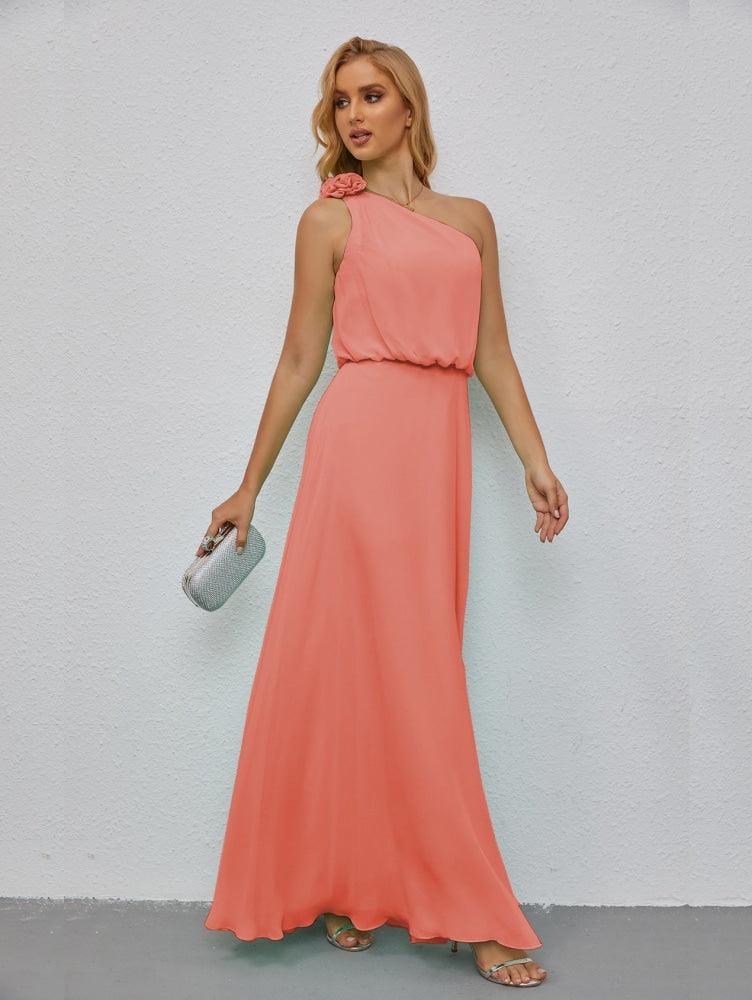 Ruffled One Shoulder Sleeveless Long Bridesmaid Dresses A-line Formal Evening Gown Side Split 28080-numbersea
